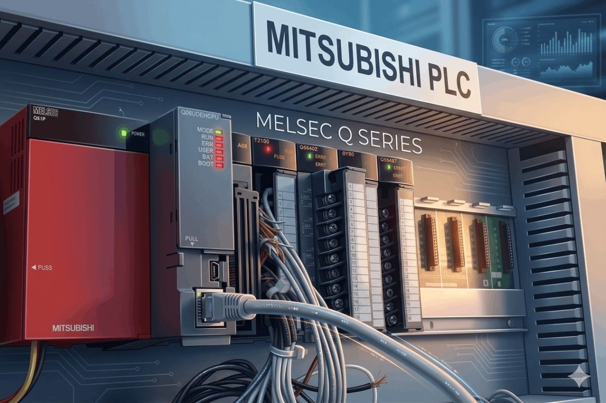 Mitsubishi FX3GE PLC training panel in the Infercon lab with relay interface cards