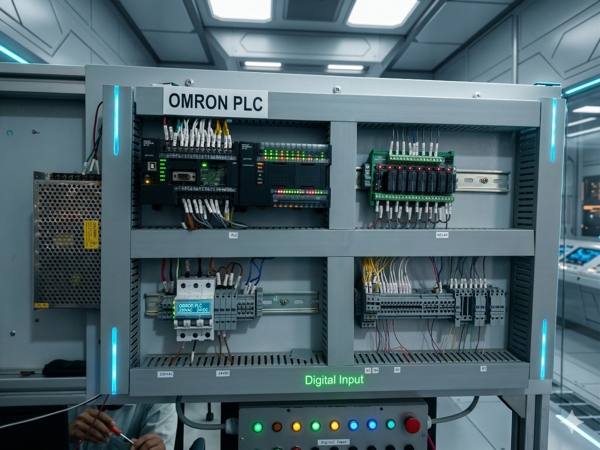 Omron SYSMAC CP1E PLC training panel in the Infercon lab