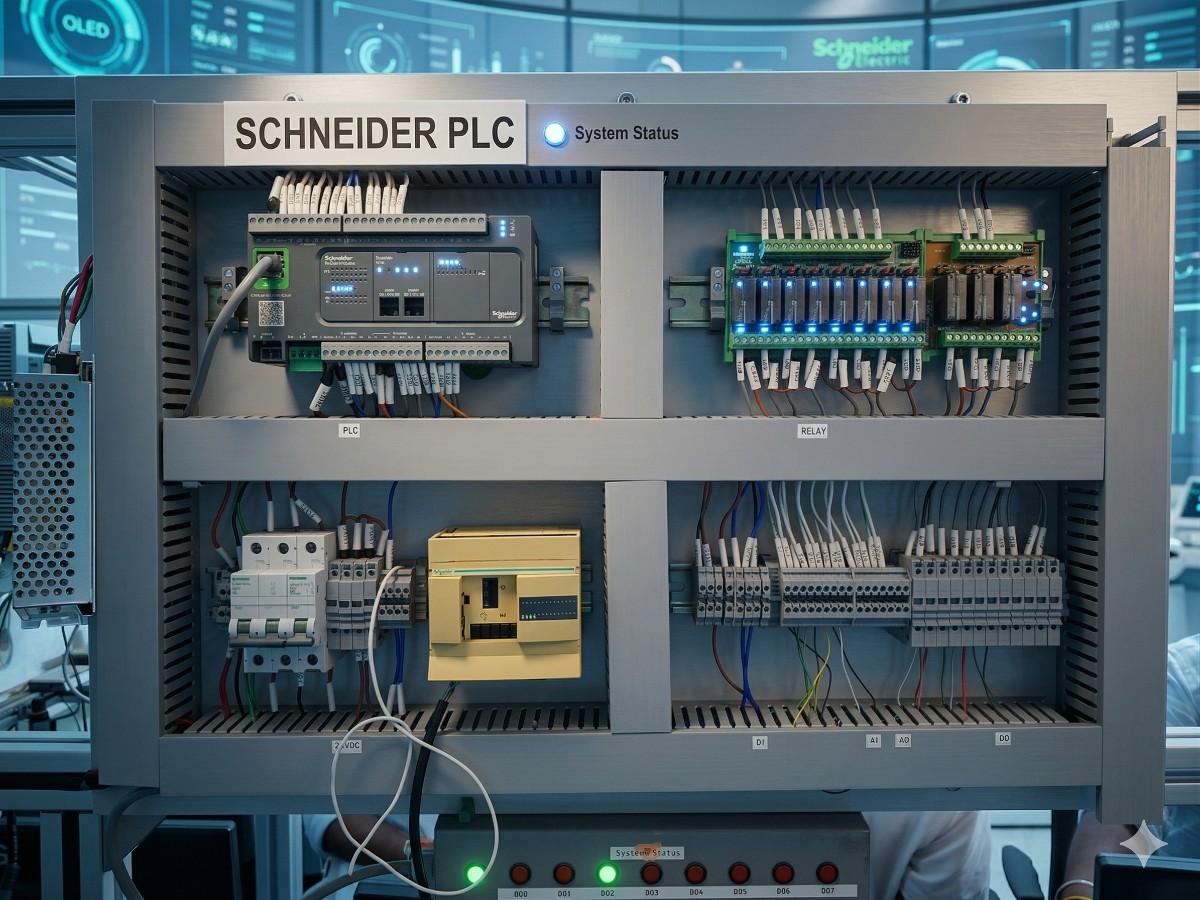 Schneider Modicon TM200 PLC training panel in the Infercon lab
