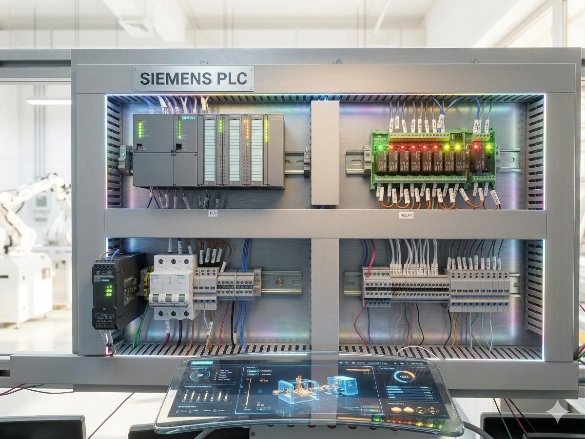 Siemens training panel in the Infercon lab with SIMATIC S7-300 and S7-1200 CPUs